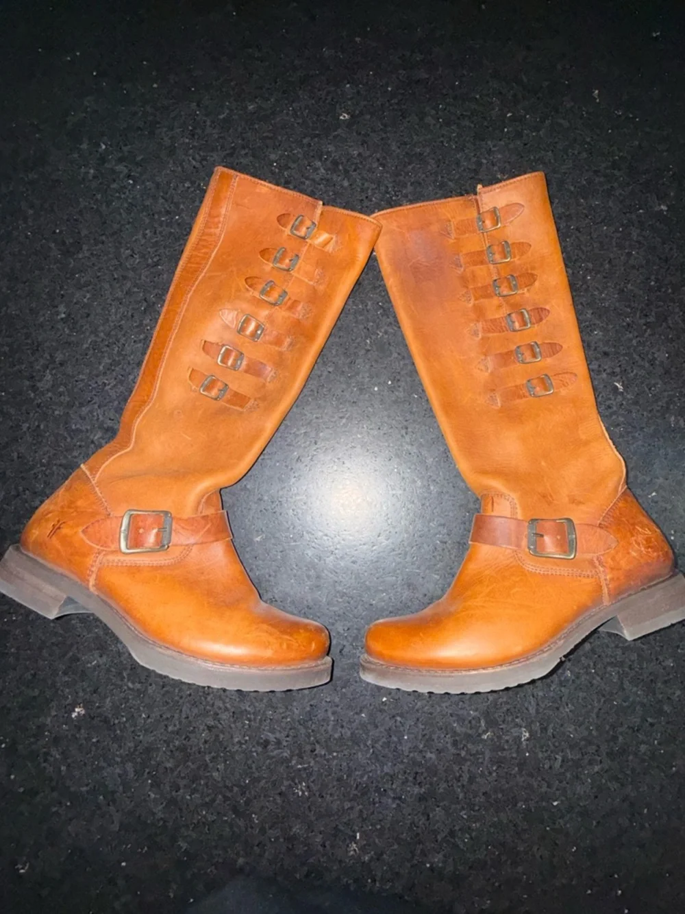 FRYE COGNAC Veronica Belted Tall-STO Engineer Genuine Leather tall Boots SZ 7